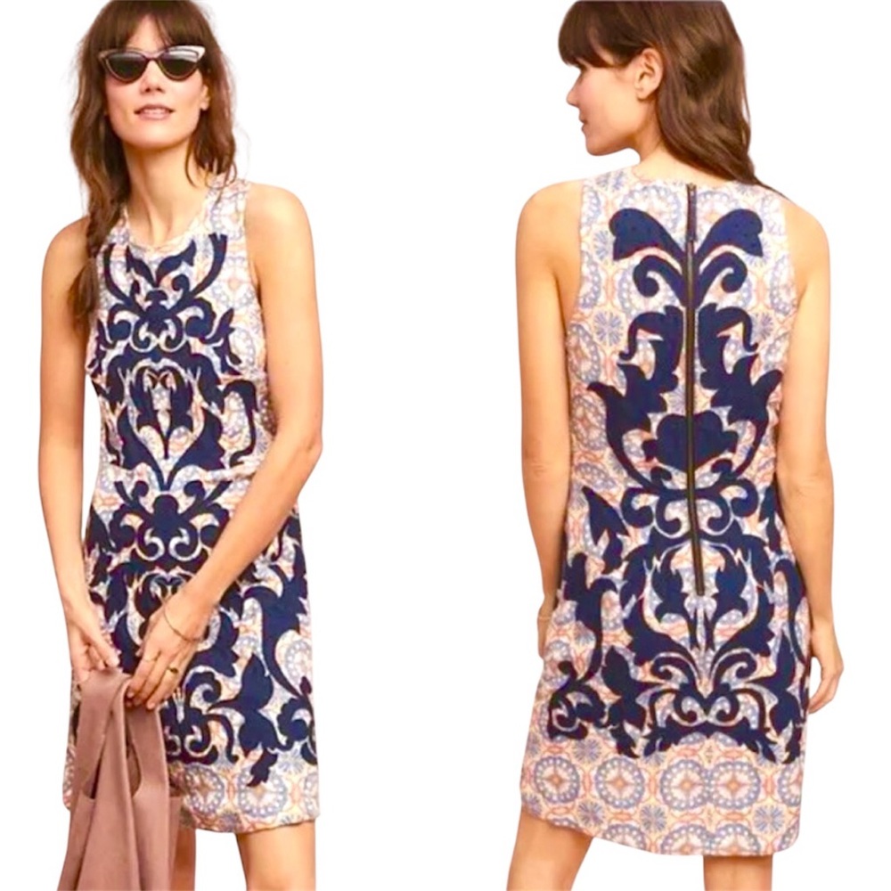 Sleeveless Navy Blue Scroll-Print Shift Dress